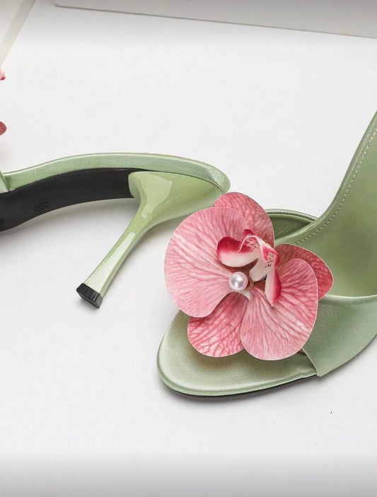 Flower decor satin slip on mule
