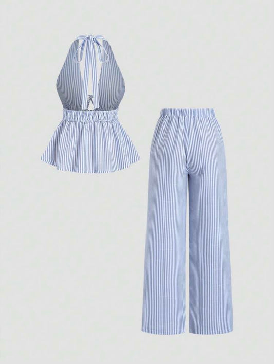 Stripped halter neck top & long pants set