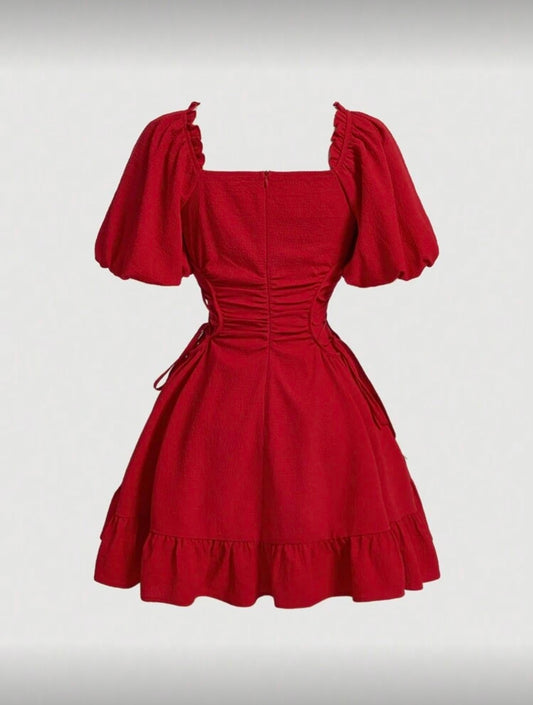 Square Neckline Puff Sleeve Side Tie Dress