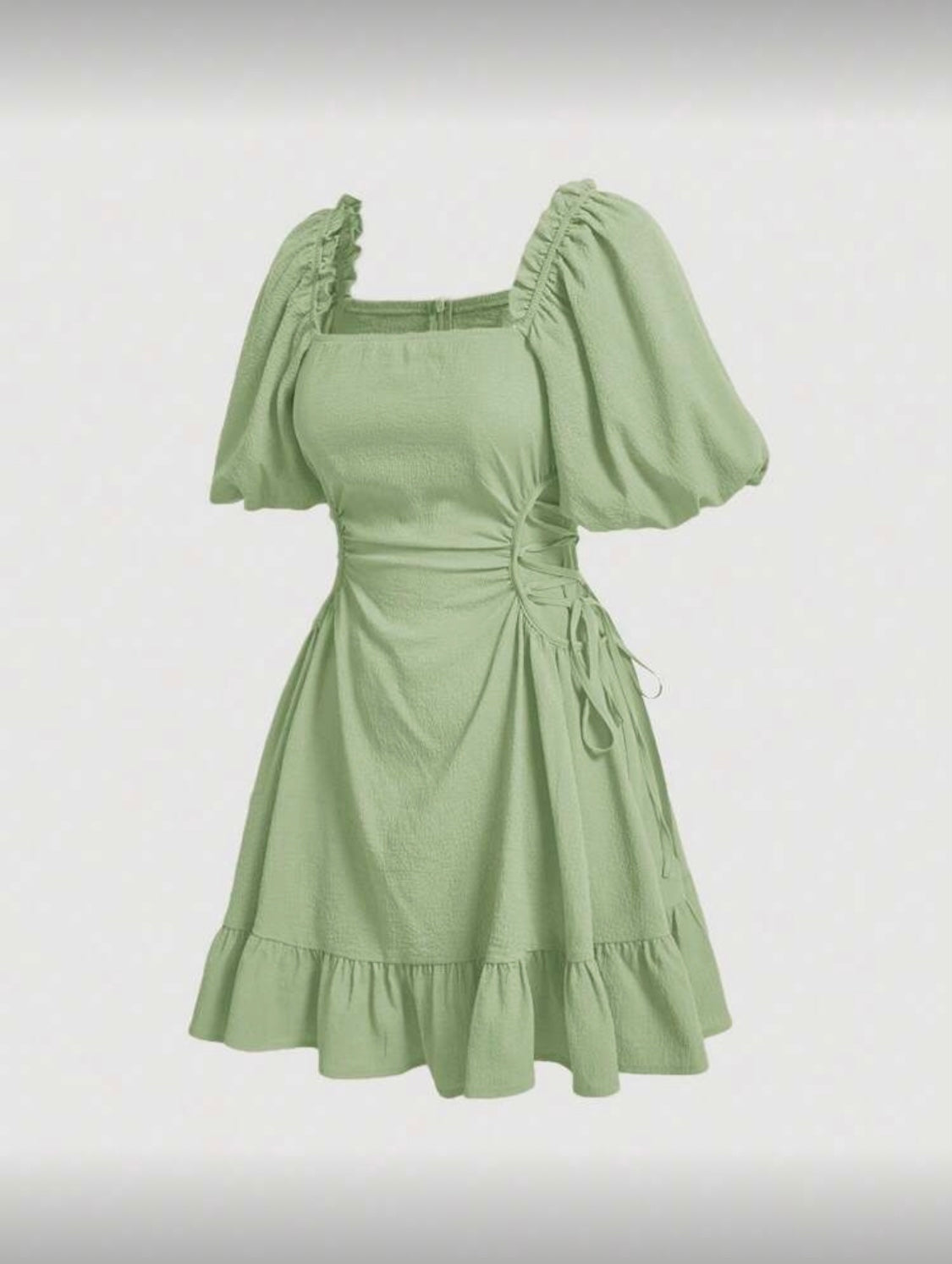 Square Neckline Puff Sleeve Side Tie Dress