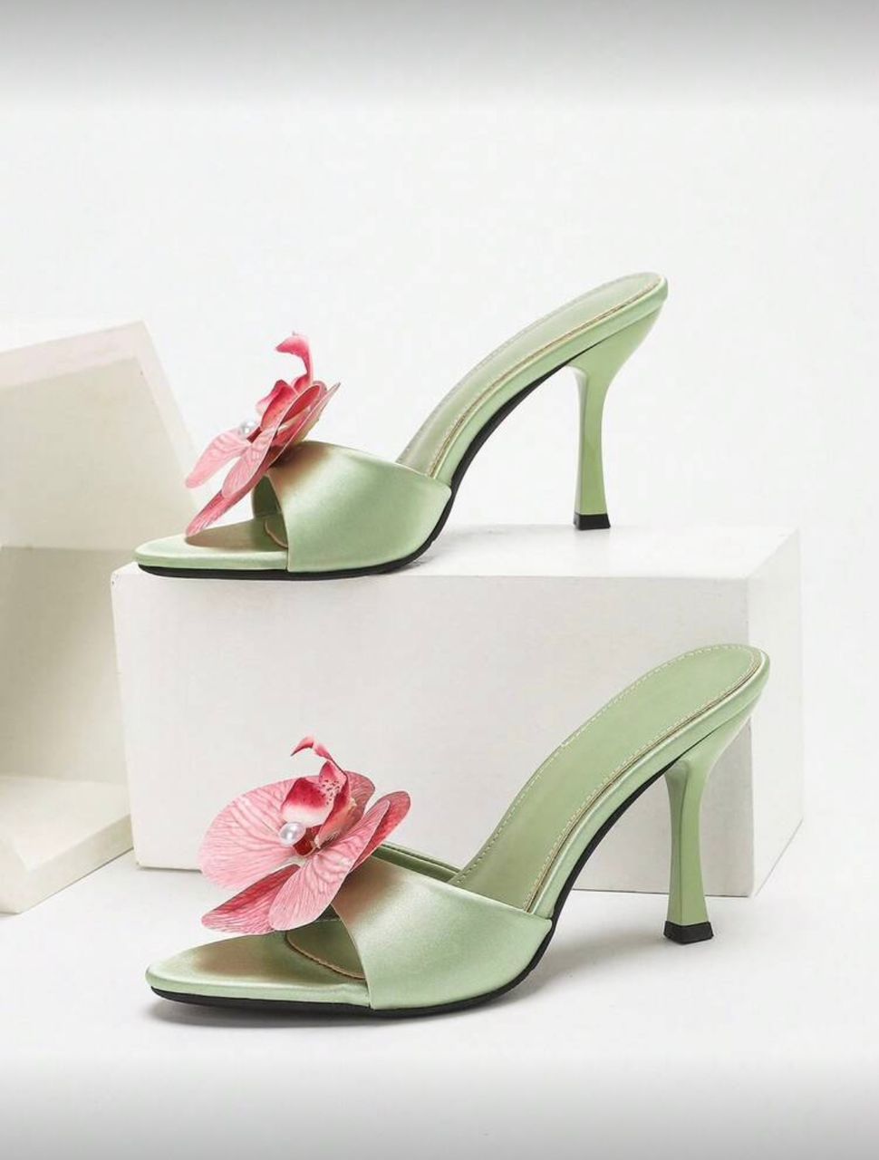 Flower decor satin slip on mule