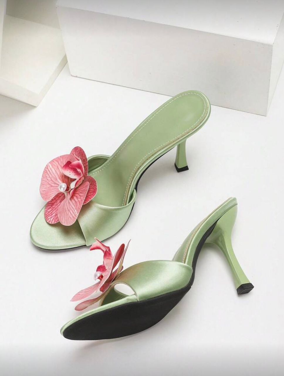 Flower decor satin slip on mule
