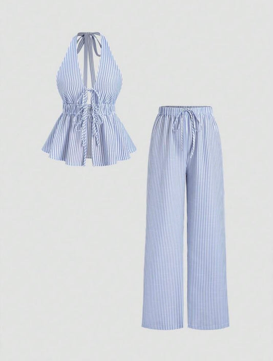 Stripped halter neck top & long pants set
