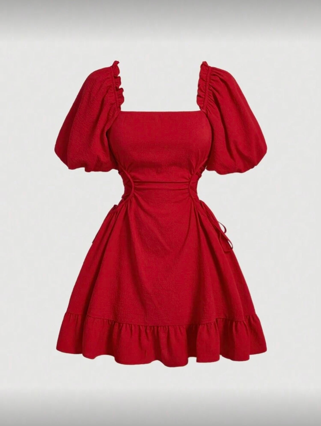 Square Neckline Puff Sleeve Side Tie Dress