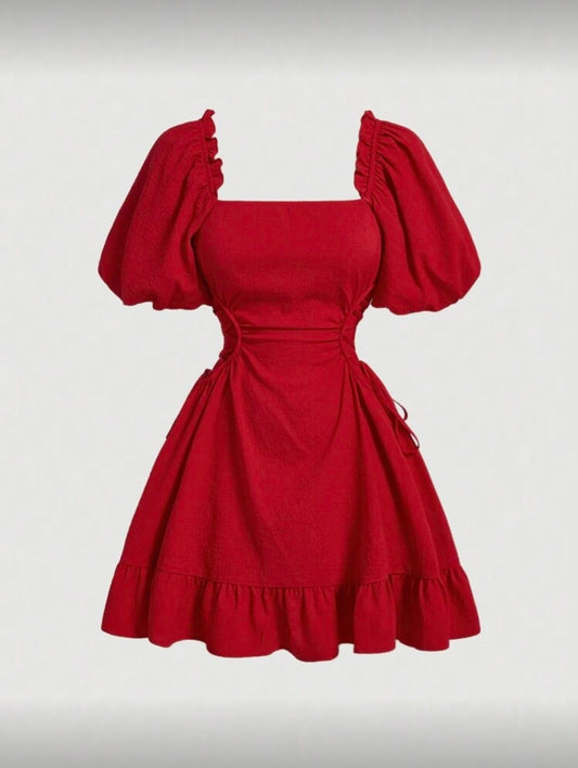 Square Neckline Puff Sleeve Side Tie Dress