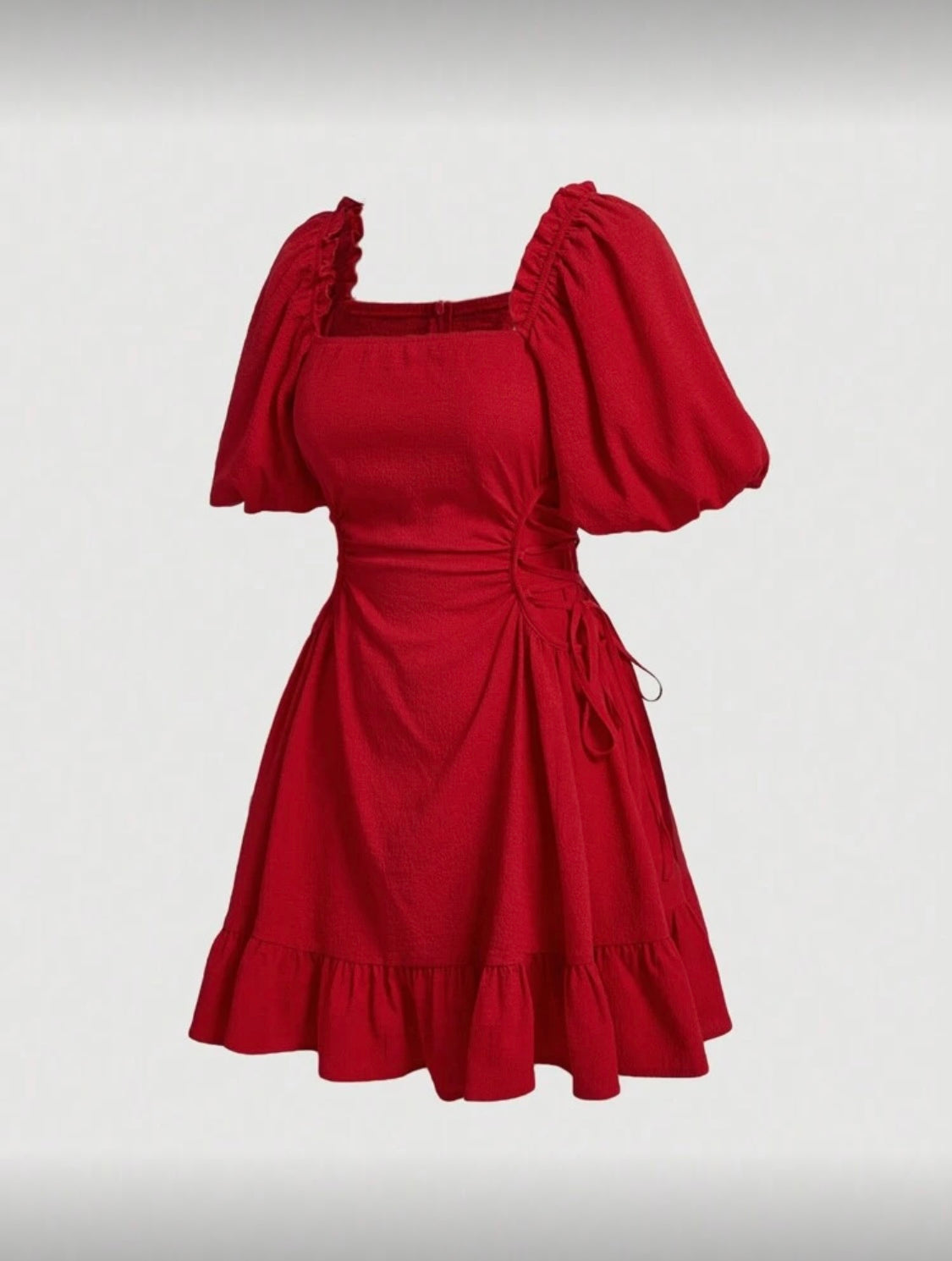 Square Neckline Puff Sleeve Side Tie Dress